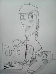 Size: 900x1175 | Tagged: safe, artist:drcool13, derpibooru import, oc, oc:swift stride, unofficial characters only, earth pony, bad anatomy, blushing, braided ponytail, looking away, male, marker, monochrome, scrunchy face, sign, sitting, solo, traditional art