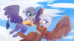 Size: 3840x2162 | Tagged: safe, artist:choyamy, derpibooru import, gabby, gilda, gryphon, cloud, crossed arms, cute, duo, female, flying, food, griffon scone, high res, image, open mouth, plastic bag, png, profile, sky, spread wings, wings