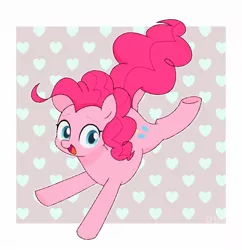 Size: 1162x1200 | Tagged: safe, artist:ch-chau, derpibooru import, pinkie pie, earth pony, pony, abstract background, cute, diapinkes, female, heart, mare, open mouth, smiling, solo, underhoof