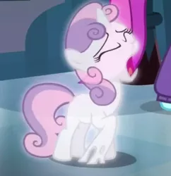 Size: 600x621 | Tagged: safe, derpibooru import, screencap, blue cutie, sweetie belle, pony, unicorn, for whom the sweetie belle toils, background pony, cropped, female, filly, foal, horn, mare, offscreen character, scared, screaming, solo focus, stuck, sweetie belle is a marshmallow too