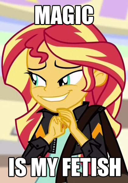 Size: 561x798 | Tagged: safe, derpibooru import, edit, edited screencap, editor:shyinka, screencap, sunset shimmer, equestria girls, mirror magic, spoiler:eqg specials, caption, cropped, evil grin, exploitable meme, faic, fetish, grin, magic, meme, smiling, solo, stupid joke