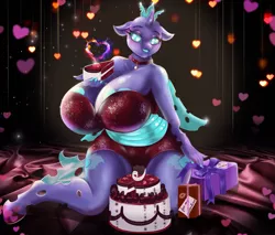 Size: 1987x1695 | Tagged: anthro, artist:mdwines, bed, big breasts, blue changeling, breasts, cake, changeling, changeling oc, changeling queen, changeling queen oc, commission, derpibooru import, female, food, heart, hearts and hooves day, holiday, oc, oc:sektiss, red dress, solo, suggestive, thick, valentine's day, ych example, ych result, your character here