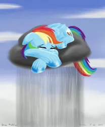 Size: 1920x2304 | Tagged: safe, artist:rockhoppr3, derpibooru import, rainbow dash, pegasus, pony, cloud, crying, female, floppy ears, lying on a cloud, mare, on a cloud, rain, raincloud, sad, solo, unshorn fetlocks