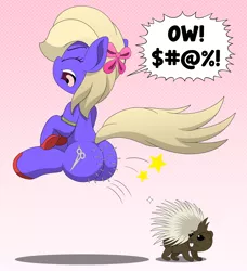 Size: 3654x4000 | Tagged: safe, artist:aarondrawsarts, derpibooru import, oc, oc:ruby shears, earth pony, porcupine, butt, censored vulgarity, commission, grawlixes, literal butthurt, ouch, pain, plot, ych result
