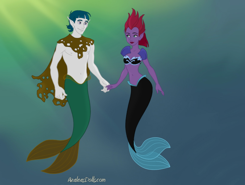 Size: 820x620 | Tagged: artist:azaleasdolls, derpibooru import, elf ears, female, fins, male, mermaid, mermaidized, mermaid maker, mermaid tail, merman, mermanized, safe, shipping, species swap, straight, stygian, tempest shadow, tempgian, the little mermaid