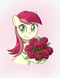 Size: 1000x1300 | Tagged: safe, artist:mew-me, derpibooru import, roseluck, earth pony, pony, cute, cuteluck, female, flower, grin, holding, holiday, looking at you, mare, pink background, rose, simple background, smiling, solo, valentine's day