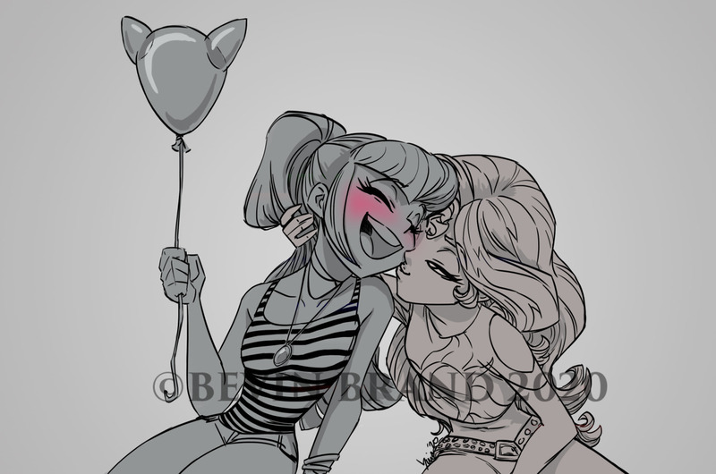 Size: 1280x848 | Tagged: safe, artist:bevin brand, deleted from derpibooru, derpibooru import, sonata dusk, sunset shimmer, equestria girls, balloon, blushing, clothes, commission, female, grayscale, kiss on the cheek, kissing, lesbian, monochrome, obtrusive watermark, official fan art, shipping, sleeveless, sunata, tanktop, watermark
