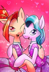 Size: 961x1405 | Tagged: safe, artist:themagicbrew, derpibooru import, lighthoof, shimmy shake, earth pony, pony, cheerleader, cheerleader outfit, clothes, cute, female, heart, hug, lesbian, lightorable, looking at you, one eye closed, open mouth, pleated skirt, ponytail, shakeabetes, shimmyhoof, shipping, skirt, smiling, smiling at you