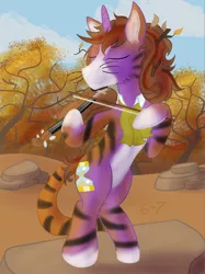 Size: 1460x1956 | Tagged: safe, artist:sixes&sevens, derpibooru import, big cat, tiger, unicorn, ascot, blaze (coat marking), clothes, costume, dirty, doctor who, eighth doctor, eyes closed, leaves, messy mane, musical instrument, outdoors, rock, smiling, tree, twig, violin
