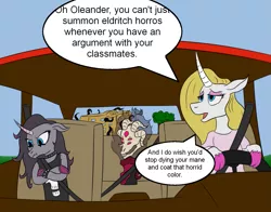 Size: 1379x1080 | Tagged: safe, artist:8aerondight8, derpibooru import, fhtng th§ ¿nsp§kbl, oleander (tfh), classical unicorn, unicorn, them's fightin' herds, :t, arms folded, car, cloven hooves, community related, crossed arms, driving, floppy ears, fred, it's not a phase, leonine tail, lidded eyes, looking down, pouting, seatbelt, speech bubble, steering wheel, unicornomicon, unshorn fetlocks