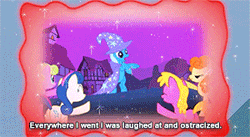 Size: 300x164 | Tagged: safe, derpibooru import, screencap, bon bon, carrot top, golden harvest, sweetie drops, trixie, earth pony, pony, unicorn, boast busters, magic duel, animated, background pony, cape, caption, clothes, exploitable meme, female, fleeing, hat, humiliation, laughing, magic projection, mare, memories, pointing, poor trixie, ridicule, shunning, smoke bomb, subtitles, trixie's cape, trixie's hat, trixivision