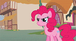 Size: 299x164 | Tagged: safe, derpibooru import, screencap, pinkie pie, earth pony, pony, magic duel, angry, animated, confused, cruel and unusual punishment, cursor, female, glare, implied trixie, magic, mare, modular, no mouth, no nose, pinkie pie is not amused, raised eyebrow, raised hoof, sad, snout, trash can, unamused