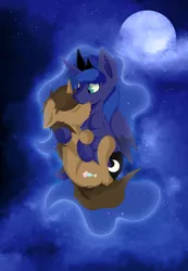 Size: 3996x5787 | Tagged: source needed, safe, artist:groomlake, derpibooru import, princess luna, oc, oc:buttercup shake, alicorn, pony, unicorn, canon x oc, colored, cuddling, female, hug, hugging a pony, jewelry, love, mare, moon, regalia, sleeping