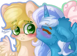 Size: 2600x1900 | Tagged: safe, artist:kindny-chan, derpibooru import, oc, oc:fleurbelle, oc:golden skies, unofficial characters only, alicorn, pegasus, pony, female, fleurden, kissing, mare, simple background, transparent background