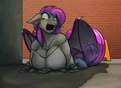 Size: 1280x931 | Tagged: safe, artist:toughset, derpibooru import, oc, oc:windseeker, unofficial characters only, anthro, bat pony, bat wings, big breasts, breasts, cement, cleavage, clothes, concrete, female, green eyes, hair, huge breasts, purple hair, solo, stuck, wings
