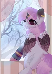 Size: 2059x2912 | Tagged: artist:alphadesu, bicorn, colored ears, colored wings, curved horn, derpibooru import, ear piercing, earring, horn, horn ring, jewelry, looking at you, multiple horns, oc, oc:neapolitan, piercing, ring, safe, snow, snowfall, solo, tree, unofficial characters only, unshorn fetlocks, wings, winter