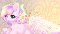 Size: 1920x1080 | Tagged: safe, artist:alphadesu, derpibooru import, oc, oc:iridescent flings, unofficial characters only, pegasus, pony, abstract background, bow, chest fluff, cute, ear fluff, female, flower, flower in hair, hair bow, looking at you, mare, ocbetes, smiling, solo, spread wings, wings