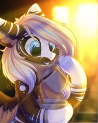 Size: 1024x1280 | Tagged: safe, artist:alphadesu, derpibooru import, oc, unofficial characters only, pegasus, pony, backlighting, bust, coat markings, coffee, ear fluff, female, hoof hold, leg fluff, mare, smiling, socks (coat marking), solo, spread wings, wings