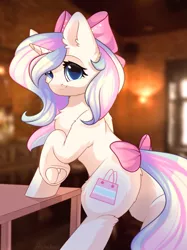 Size: 1024x1366 | Tagged: safe, artist:alphadesu, derpibooru import, oc, oc:mirabelle, unofficial characters only, pony, unicorn, bow, chest fluff, desk, ear fluff, female, frog (hoof), hair bow, mare, raised hoof, rear view, smiling, solo, tail bow, underhoof