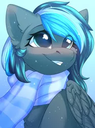 Size: 1024x1366 | Tagged: safe, artist:alphadesu, derpibooru import, oc, oc:rainshadow, pegasus, pony, bust, chest fluff, clothes, ear fluff, female, gradient background, looking up, mare, scarf, smiling, solo, winter