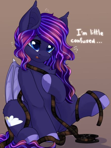 Size: 1024x1366 | Tagged: safe, artist:alphadesu, derpibooru import, oc, oc:lucky, unofficial characters only, bat pony, pony, bat pony oc, bat wings, chest fluff, clumsy, colored hooves, dialogue, female, film reel, gray background, mare, reel, simple background, sitting, solo, wing claws, wings