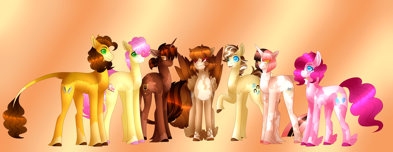 Size: 6149x2379 | Tagged: safe, artist:clay-bae, derpibooru import, cheese sandwich, li'l cheese, pinkie pie, oc, oc:chocolate truffle, oc:fluffernutter sandwich, oc:funnel cake, oc:sakura teacake, pony, the last problem, alternate design, cheesepie, female, high res, male, offspring, older, parent:cheese sandwich, parent:pinkie pie, parents:cheesepie, shipping, straight