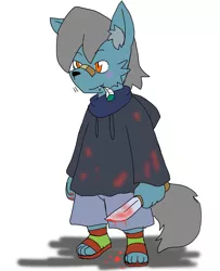 Size: 1665x2048 | Tagged: semi-grimdark, artist:omegapony16, derpibooru import, oc, unofficial characters only, anthro, plantigrade anthro, wolf, bandage, blood, clothes, ear fluff, feather, furry, furry oc, hoodie, knife, male, mouth hold, pants, sandals, simple background, smiling, solo, white background