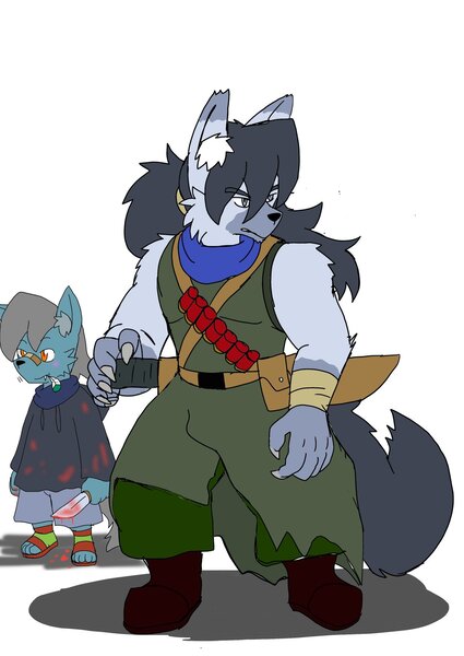 Size: 1451x2048 | Tagged: safe, alternate version, artist:omegapony16, derpibooru import, oc, oc:oriponi, unofficial characters only, anthro, plantigrade anthro, wolf, bandage, blood, boots, clothes, duo, ear fluff, ear piercing, earring, feather, furry, furry oc, hoodie, jewelry, knife, male, mouth hold, pants, piercing, sandals, shoes, simple background, smiling, solo, species swap, sword, weapon, white background
