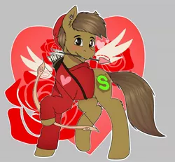 Size: 1200x1110 | Tagged: safe, artist:almond evergrow, derpibooru import, oc, oc:almond evergrow, earth pony, pony, happy birthday to you!, arrow, birthday, blushing, bow, bow (weapon), bow and arrow, clothes, cupid, flower, happy birthday to me, heart, holiday, hoodie, male, rose, stallion, valentine, valentine's day, weapon, wings