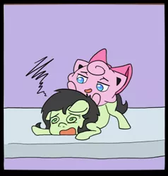 Size: 449x471 | Tagged: source needed, safe, artist:happy harvey, derpibooru import, oc, oc:anonfilly, earth pony, jigglypuff, pony, bow, colored pupils, drawn on phone, face down ass up, female, filly, hair bow, head down, pokémon, sitting on, sitting on pony, smug, spinning eyes, super smash bros., unconscious