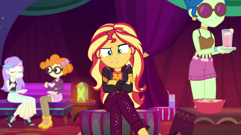 Size: 1920x1080 | Tagged: safe, derpibooru import, screencap, laurel jade, scribble dee, snow flower, sunset shimmer, equestria girls, equestria girls series, sunset's backstage pass!, spoiler:eqg series (season 2), beverage, bowl, clothes, crossed legs, cup, drinking, ear piercing, earring, female, food, frustrated, glasses, jewelry, legs, lemon, looking at you, noodle bowl, noodles, piercing, shorts, sitting, sleeveless, sunglasses, tea, teacup