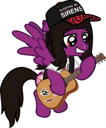 Size: 1170x1415 | Tagged: safe, artist:lightningbolt, derpibooru import, ponified, pegasus, pony, .svg available, acoustic guitar, cap, clothes, flying, guitar, guitar pick, guitar strap, hat, hoof hold, male, musical instrument, nose piercing, pierce the veil, piercing, shirt, simple background, sleeping with sirens, smiling, smirk, solo, spread wings, stallion, sticker, svg, t-shirt, transparent background, vector, vic fuentes, wings