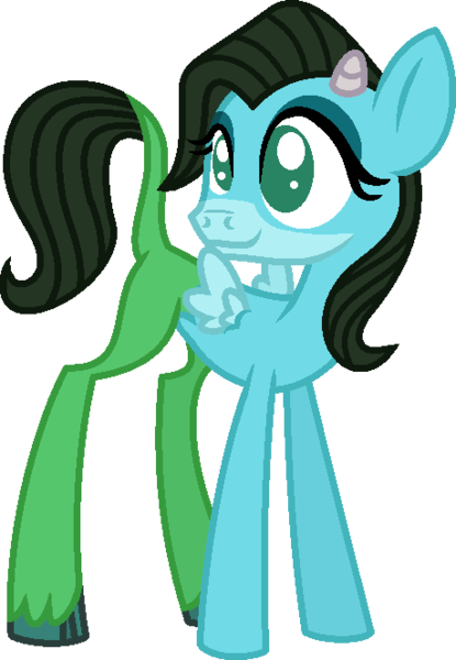 Size: 459x664 | Tagged: artist:starryoak, derpibooru import, female, filly, horns, hybrid, interspecies offspring, miracleverse, no pupils, oc, oc:bashful bluebelle, offspring, parent:fluttershy, parent:iron will, parents:ironshy, safe, simple background, solo, transparent background, unofficial characters only