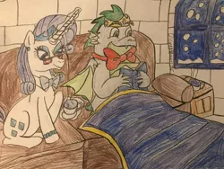 Size: 1280x960 | Tagged: safe, artist:disneymarvel96, derpibooru import, rarity, spike, dragon, book, bowtie, couch, cup, female, glasses, male, older, older spike, reading, shipping, sparity, straight, teacup, traditional art, winged spike