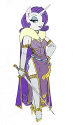 Size: 750x1280 | Tagged: anthro, armor, artist:crovirus, clothes, derpibooru import, dress, edit, looking at you, rarity, safe, side slit, solo, sword, unconvincing armor, weapon