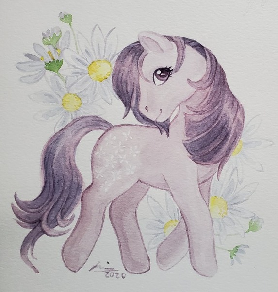 Size: 640x670 | Tagged: safe, artist:creeate97, derpibooru import, blossom, earth pony, pony, blossom (g1), female, flower, g1, looking at you, mare, simple background, solo, traditional art, watercolor painting, white background