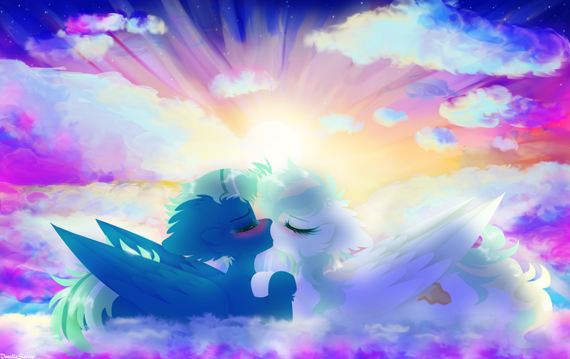 Size: 3116x1965 | Tagged: safe, artist:vanillaswirl6, derpibooru import, sky stinger, vapor trail, pegasus, pony, blushing, cloud, contest entry, female, fluffy, kissing, male, shipping, straight, sunset, vaporsky