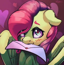 Size: 2482x2529 | Tagged: safe, artist:nookprint, derpibooru import, fluttershy, pegasus, pony, blushing, bust, cute, ear fluff, envelope, female, floppy ears, heart, high res, holiday, hooves to the chest, letter, looking up, mare, mouth hold, shyabetes, solo, spread wings, stray strand, three quarter view, valentine's day, wings