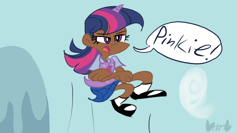 Size: 800x450 | Tagged: artist:mirabuncupcakes15, clothes, crossed arms, cute, dark skin, derpibooru import, female, flats, horn, horned humanization, human, humanized, implied pinkie pie, mary janes, open mouth, plaid skirt, safe, scene interpretation, shirt, shoes, skirt, socks, solo, speech bubble, the ticket master, twilight is my bestest friend, twilight is not amused, twilight sparkle, unamused, vest