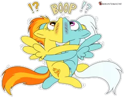 Size: 3797x2973 | Tagged: safe, artist:teabucket, deleted from derpibooru, derpibooru import, fleetfoot, spitfire, pegasus, pony, blushing, boop, exclamation point, female, imminent vore, interrobang, kissing, lesbian, mare, onomatopoeia, patreon, patreon logo, question mark, simple background, spitpred, story in the source, surprised, transparent background, vore, wide eyes