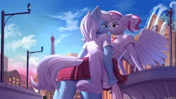 Size: 1920x1080 | Tagged: suggestive, artist:discordthege, derpibooru import, oc, oc:eula phi, oc:windbreaker, unofficial characters only, anthro, pegasus, unguligrade anthro, unicorn, anthro oc, breasts, butt, butt grab, butt touch, clothes, commission, dress shirt, drool, drool string, ear fluff, eiffel tower, eye contact, female, fountain, frog (hoof), grope, holiday, lesbian, lifting, looking at each other, mare, necktie, oc x oc, panties, paris, plaid skirt, school uniform, schrödinger's pantsu, shipping, skirt, spread legs, spread wings, spreading, street lamp, sunset, symmetrical docking, underhoof, underwear, upskirt, valentine's day, white underwear, wings