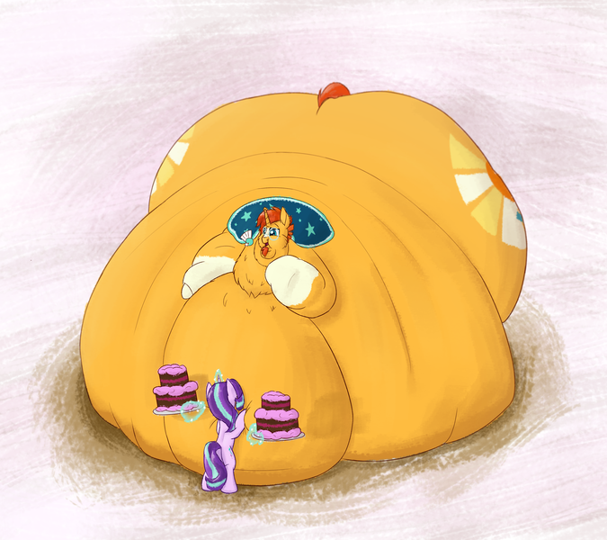 Size: 4500x4000 | Tagged: questionable, artist:jailriot, derpibooru import, starlight glimmer, sunburst, pony, unicorn, abstract background, absurd resolution, belly, bhm, big belly, bingo wings, blob, butt, cake, cheek fluff, chest fluff, chubby cheeks, fat, fat fetish, feedee, feeder, feeding, female, fetish, food, huge belly, huge butt, immobile, impossibly large belly, impossibly large butt, large butt, leaning, lying down, magic, male, mare, morbidly obese, multichin, obese, shipping, size difference, smiling, squishy, stallion, starburst, straight, sunblob, telekinesis