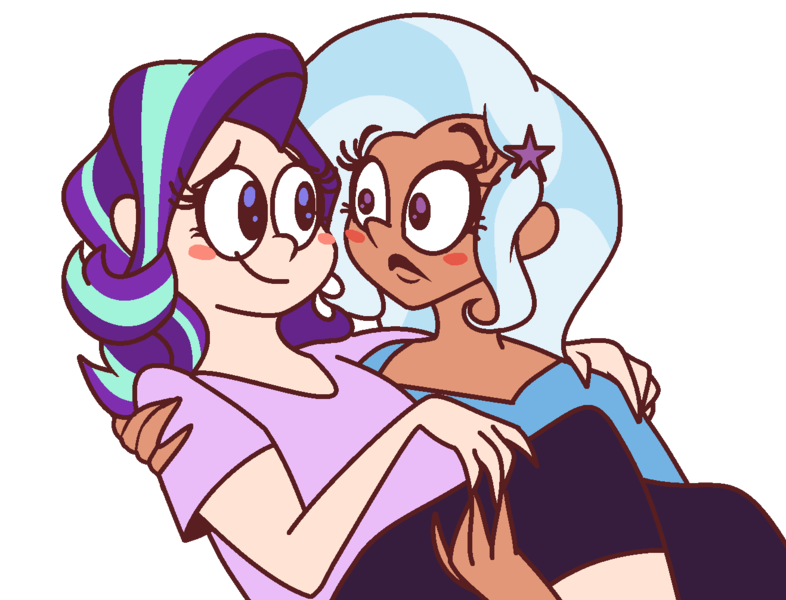 Size: 1318x1006 | Tagged: safe, artist:smirk, derpibooru import, starlight glimmer, trixie, human, blushing, carrying, clothes, cute, duo, female, hairclip, humanized, lesbian, ms paint, shipping, simple background, startrix, transparent background