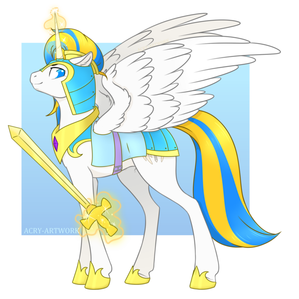 Size: 1920x1920 | Tagged: safe, artist:acry-artwork, derpibooru import, oc, oc:prince sentinel, oc:sentinel, unofficial characters only, alicorn, pony, alicorn oc, armor, glowing horn, horn, magic, royal guard, royal guard armor, solo, sword, telekinesis, weapon, wings