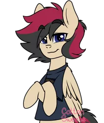 Size: 1100x1300 | Tagged: safe, artist:cottonsweets, derpibooru import, oc, oc:porsche speedwings, unofficial characters only, pegasus, pony, bipedal, blue eyes, clothes, colored, crossed hooves, eyebrows visible through hair, fear inoculum, flat colors, half body, lidded eyes, looking at you, male, pegasus oc, shirt, signature, simple background, smiling, solo, stallion, t shirt design, t-shirt, tan coat, tool (band), transparent background, waist up, watermark, wings