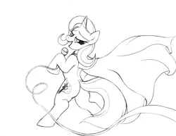 Size: 1004x774 | Tagged: safe, artist:blazelupine, derpibooru import, trixie, pony, unicorn, bipedal, butt, cape, clothes, cutie mark, hoof hold, lineart, looking at you, microphone, monochrome, plot, simple background, singing, solo, traditional art, white background, wind