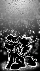 Size: 1080x1920 | Tagged: artist:binkyt11, derpibooru import, female, fragments, gradient background, mare, monochrome, oc, oc:vantablack, safe, solo, unofficial characters only