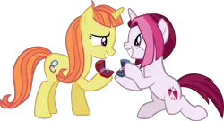 Size: 3678x1991 | Tagged: safe, artist:ironm17, derpibooru import, cayenne, citrus blush, pony, unicorn, the big mac question, citruyenne, duo, engagement ring, female, jewelry, lesbian, mare, marriage proposal, raised hoof, ring, shipping, simple background, smiling, transparent background, vector