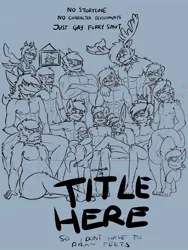 Size: 1200x1600 | Tagged: safe, artist:arrwulf, derpibooru import, oc, unofficial characters only, anthro, bear, big cat, bird, changeling, coyote, dragon, earth pony, hedgehog, leopard, moose, plantigrade anthro, pony, shark, snake, snow leopard, wolf, abs, anthro with ponies, armpit hair, armpits, changeling oc, clothes, couch, crossed arms, dragon oc, earth pony oc, flying, glasses, grin, group, lineart, male, monochrome, muscles, nudity, partial nudity, sitting, sketch, smiling, stallion, topless