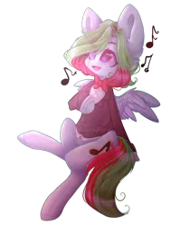 Size: 778x1027 | Tagged: safe, artist:keltonia, derpibooru import, oc, oc:precised note, pegasus, pony, bowtie, button, clothes, cutie mark, hoof on chest, looking up, note, open mouth, simple background, singing, sitting, smiling, spread wings, suit, transparent background, tuxedo, two toned mane, watermark, wings